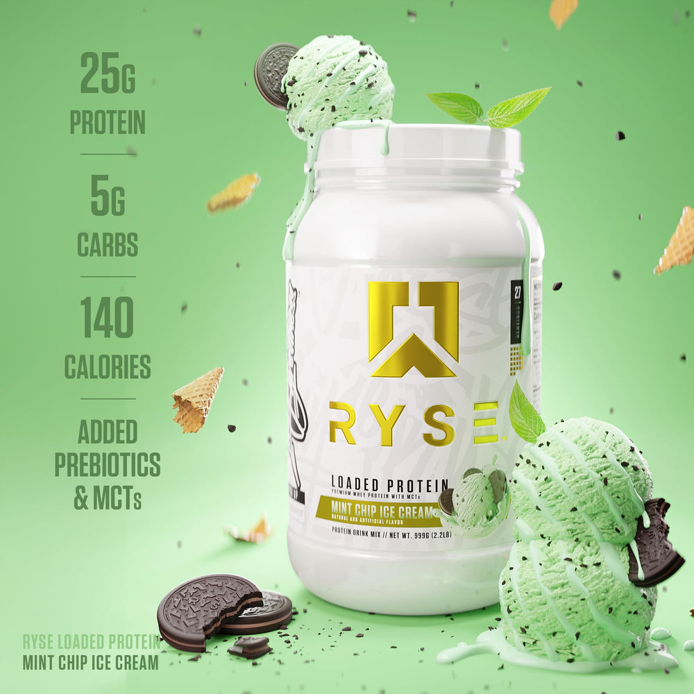 RYSE Loaded Protein Mint Chip shake in blender for a smooth texture.