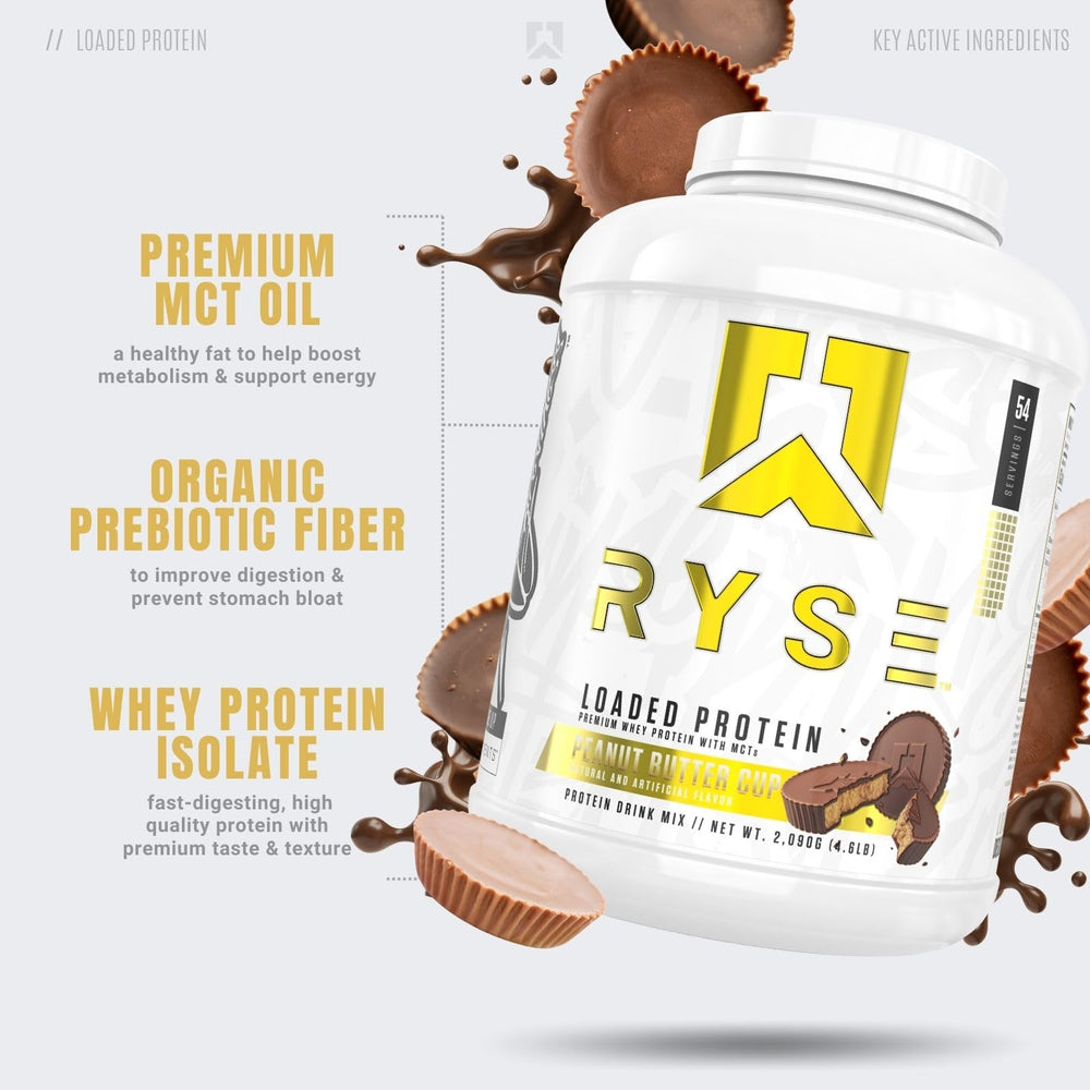 RYSE Loaded Protein Peanut Butter Cup scoop and mix highlights 25g protein per serving
