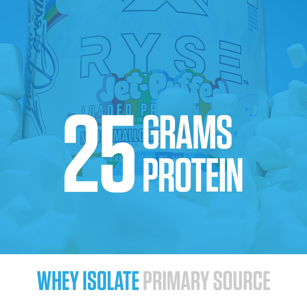 RYSE Loaded Protein Powder close-up label shows 25g protein per serving for recovery.