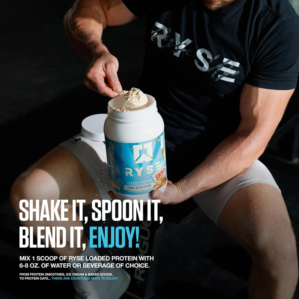 RYSE Loaded Protein Powder nutrition facts panel emphasizes prebiotic fiber and MCTs.