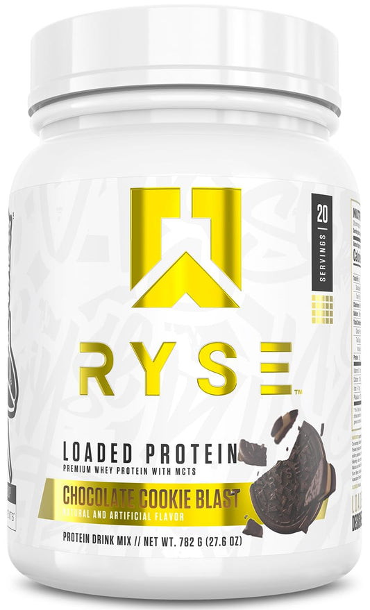 RYSE Loaded Protein Powder tub in Chocolate Cookie Blast supports lean muscle.