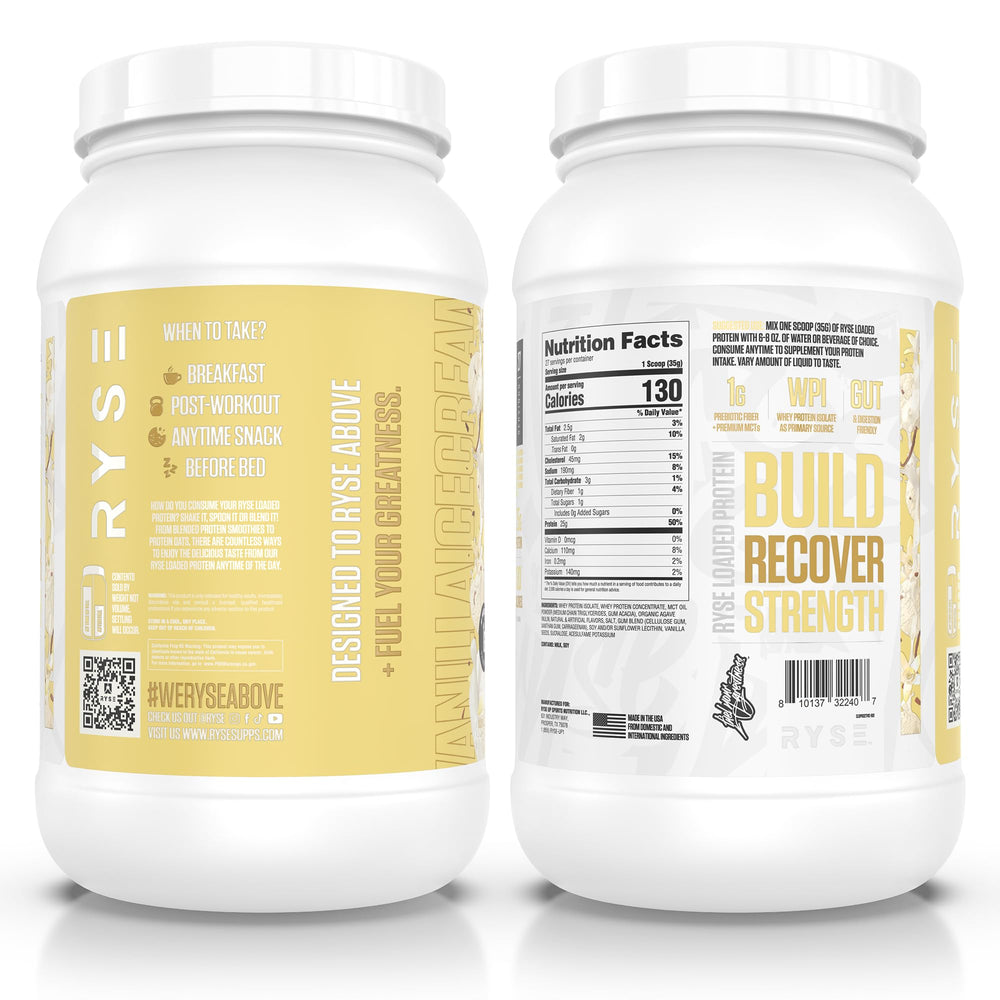 RYSE Loaded Protein Vanilla Ice Cream serving setup for post-workout shake