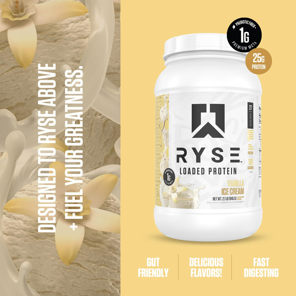 RYSE Loaded Protein Vanilla Ice Cream shake blending smoothly in a shaker