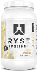 RYSE Loaded Protein Vanilla Ice Cream tub front showing premium protein and flavor