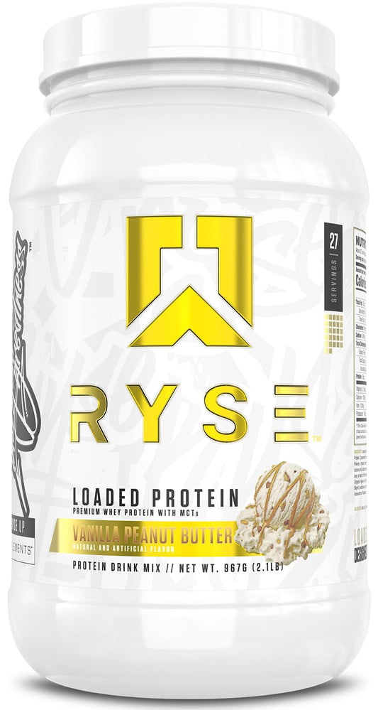 RYSE Loaded Protein Vanilla Peanut Butter bottle highlighting premium texture for post-workout fueling