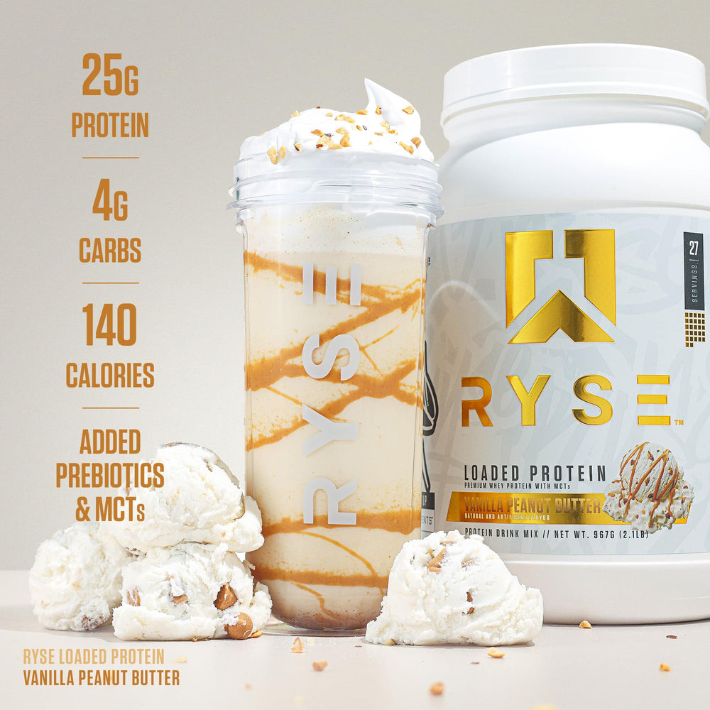 RYSE Loaded Protein Vanilla Peanut Butter texture closeup emphasizes creamy mouthfeel