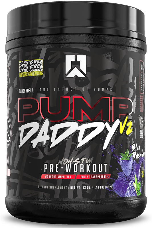 RYSE Pump Daddy V2 blue raspberry bottle ready for a high-pump workout