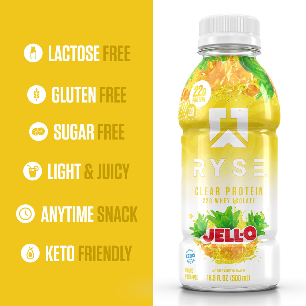 RYSE Clear Protein Drink bottle side view shows lactose-free formula for easy digestion.