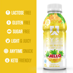 RYSE Clear Protein Drink bottle side view shows lactose-free formula for easy digestion.