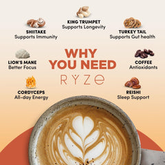 RYZE Mushroom Coffee cup steaming for a calm, focused morning.