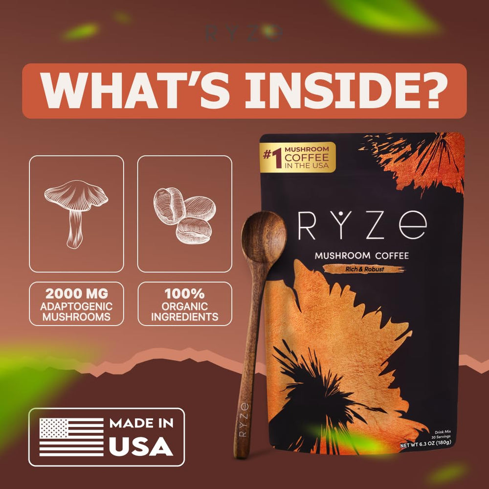 RYZE Dark Roast scoop beside jar reveals 2000mg mushroom blend per serving