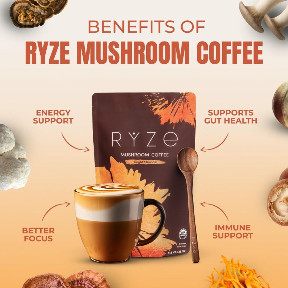 RYZE Mushroom Coffee jar shows USDA Organic blend with six mushrooms for steady focus.