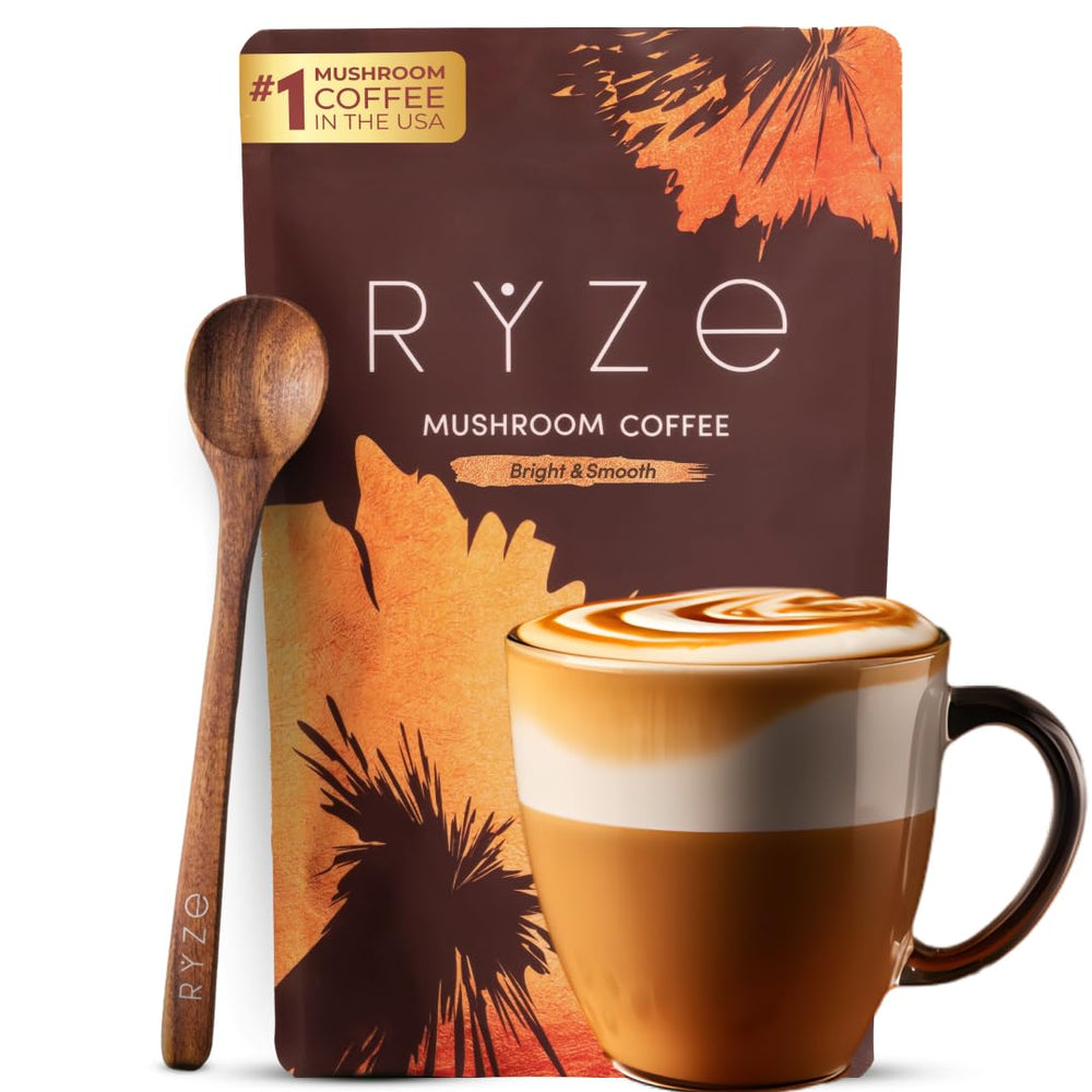 RYZE Mushroom Coffee packaging showcases USDA Organic blend for quality and transparency.