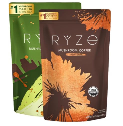 RYZE Superfoods mushroom coffee brew with medium roast boosts morning energy.