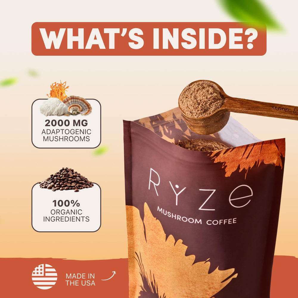 RYZE mushroom coffee with MCT oil emphasizes smooth energy from healthy fats