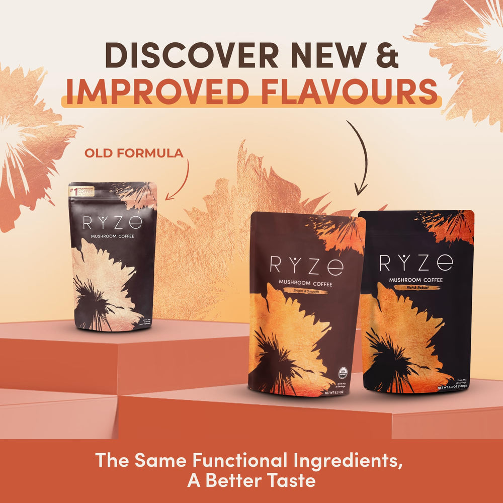 RYZE Mushroom Coffee serving cup showing convenient 30 servings for daily ritual