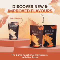 RYZE Mushroom Coffee serving cup showing convenient 30 servings for daily ritual