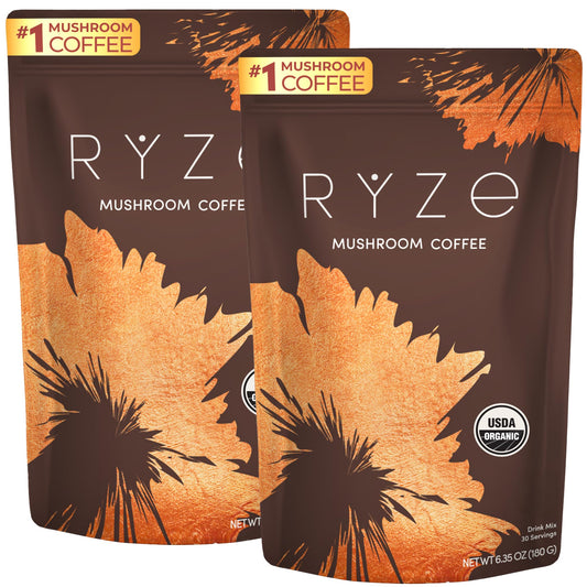 RYZE SUPERFOODS mushroom coffee starter kit packaging for a clean energy boost