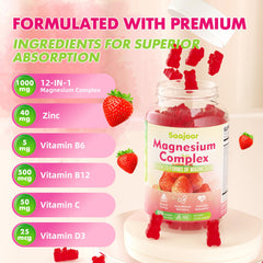 Saajoor Magnesium Gummies ingredients panel lists 12 magnesium forms for broad support.