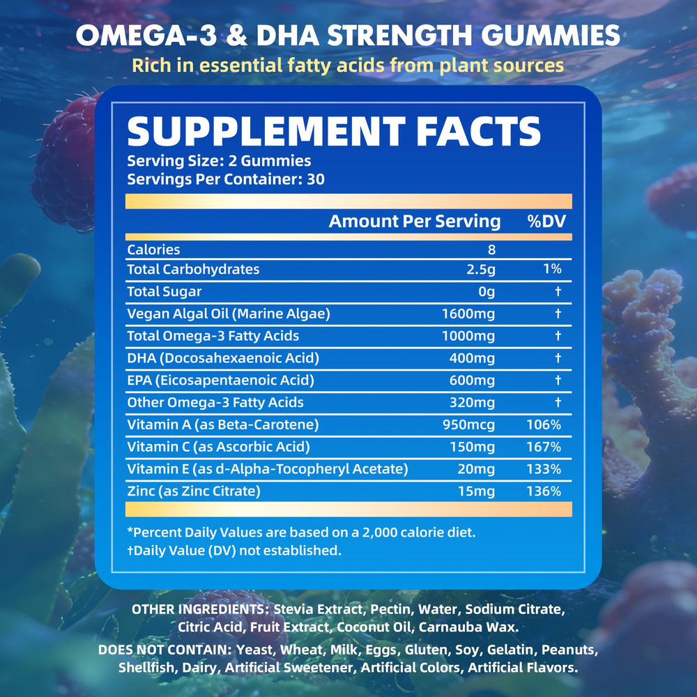 Saajoor vegan Omega-3 gummies close-up of two gummies for easy daily dosing
