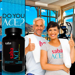 Saba ACE bottle beside lab-credentials icon indicating production standards