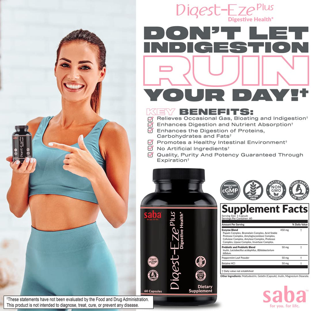 Saba Digestive-EZE Plus Betaine HCl detail supports digestion.