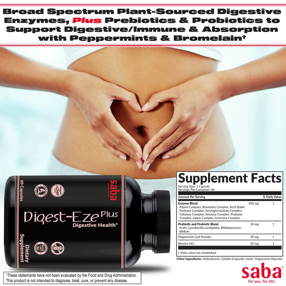 Saba Digestive-EZE Plus probiotic blend supports gut balance.