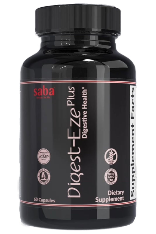 Saba Digestive-EZE Plus bottle front view supports digestive comfort.