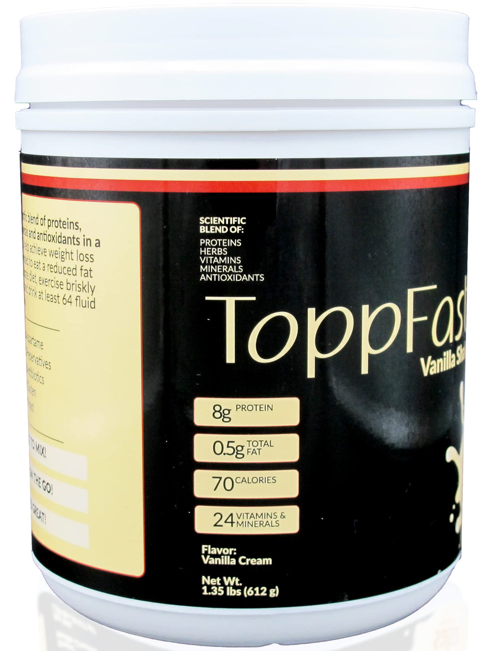 Nutrition panel on Saba ToppFast Vanilla highlighting low fat and carbs