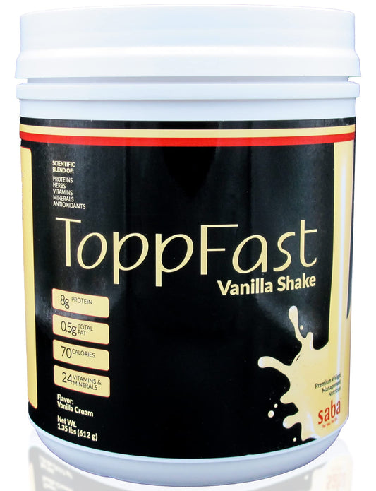 Saba ToppFast vanilla shake poured for a balanced meal replacement