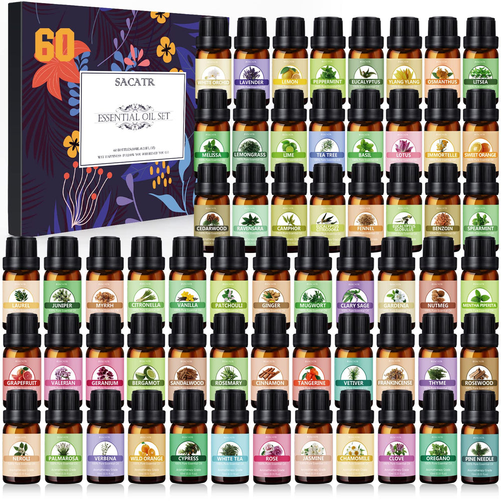 SACATR essential oil set with 60 bottles on display for aromatherapy versatility