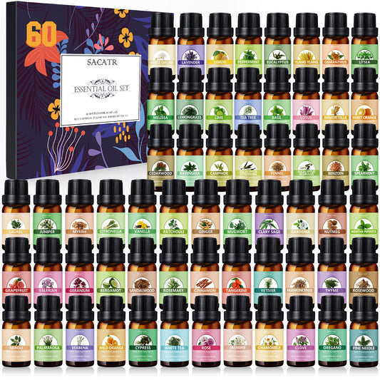 SACATR essential oil set with 60 bottles on display for aromatherapy versatility