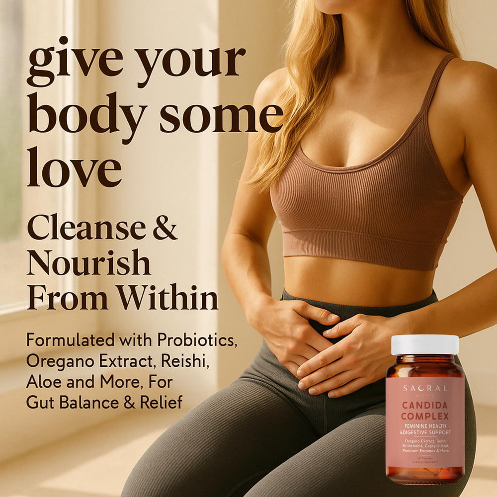 SACRALMOON Candida Cleanse capsules closeup highlighting convenient daily capsules