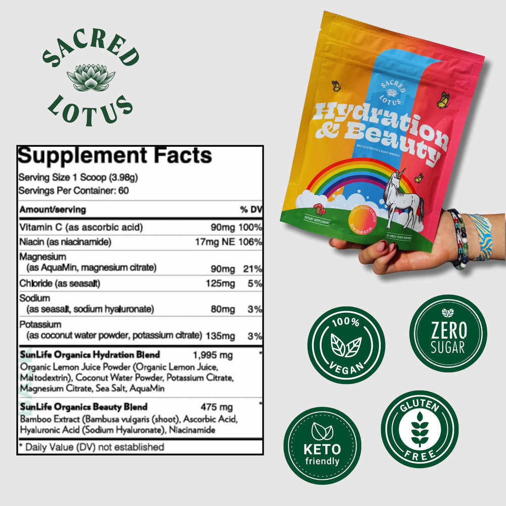 Sacred Lotus Citrus Rush dissolves easily in water for a zesty, revitalizing sip.