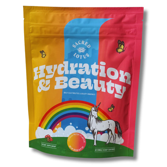 Sacred Lotus Hydration & Beauty Powder tin offers Citrus Rush for refreshing hydration.