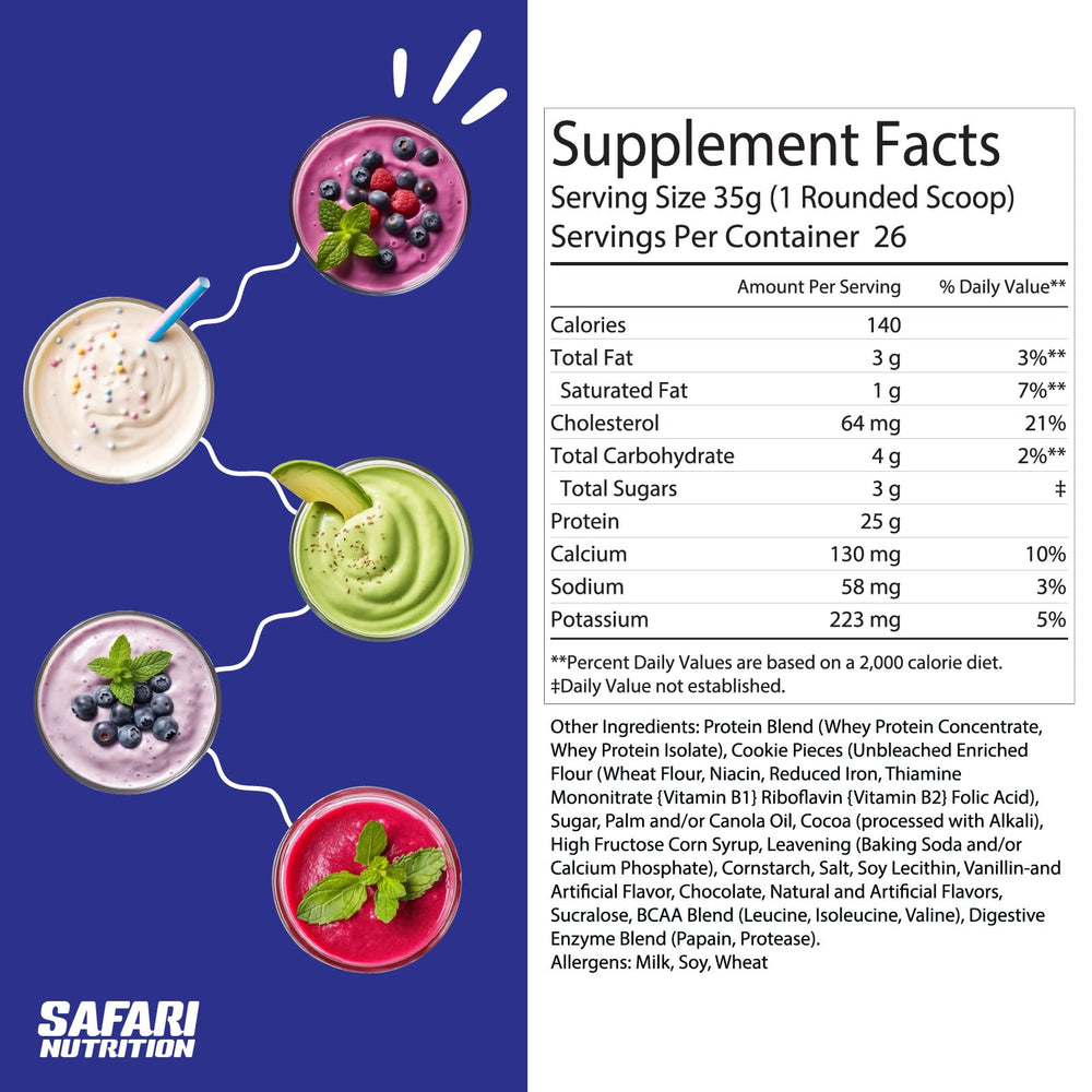 Safari Nutrition Cookies & Cream whey scoop beside a shaker for post-workout fuel.
