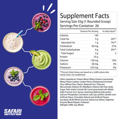 Safari Nutrition Cookies & Cream whey scoop beside a shaker for post-workout fuel.