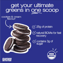 Visible Oreo cookie pieces in Safari Nutrition Cookies & Cream whey powder.
