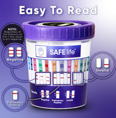 SAFE LIFE 13-panel urine cup CLIA-waived label for OTC use.