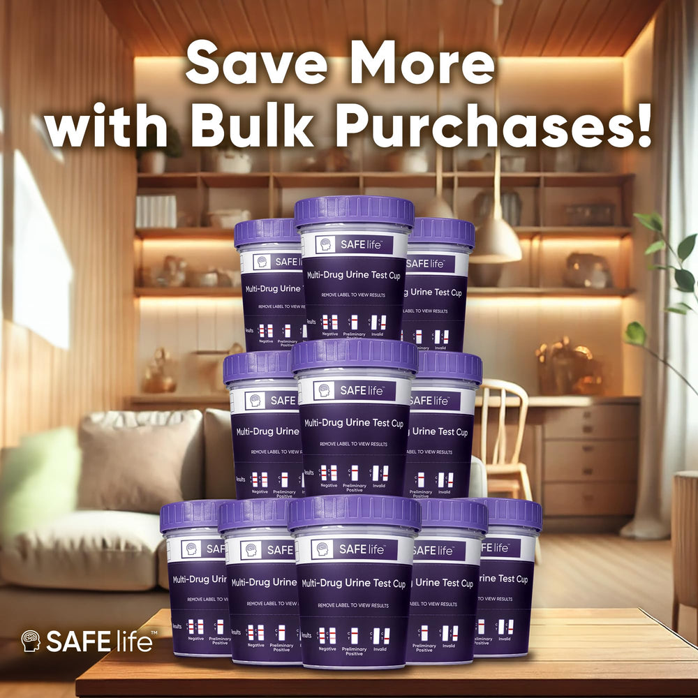 SAFE LIFE 25-pack urine collection cup with cap ready for screening.