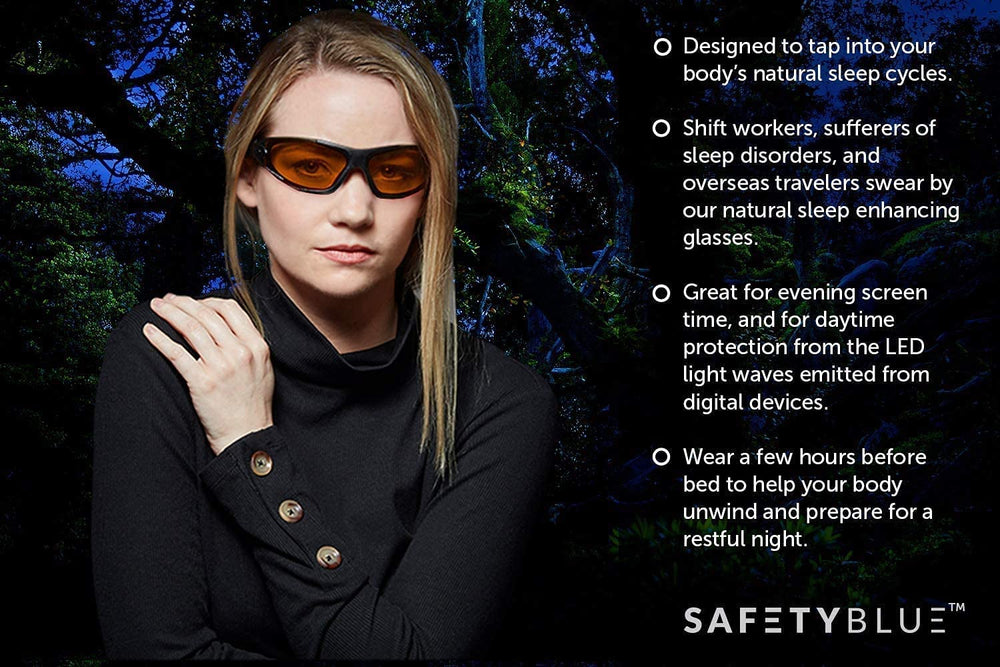 SafetyBlue amber glasses strap close-up demonstrates soft strap option for comfortable wear.