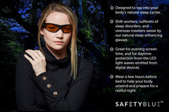 SafetyBlue amber glasses strap close-up demonstrates soft strap option for comfortable wear.