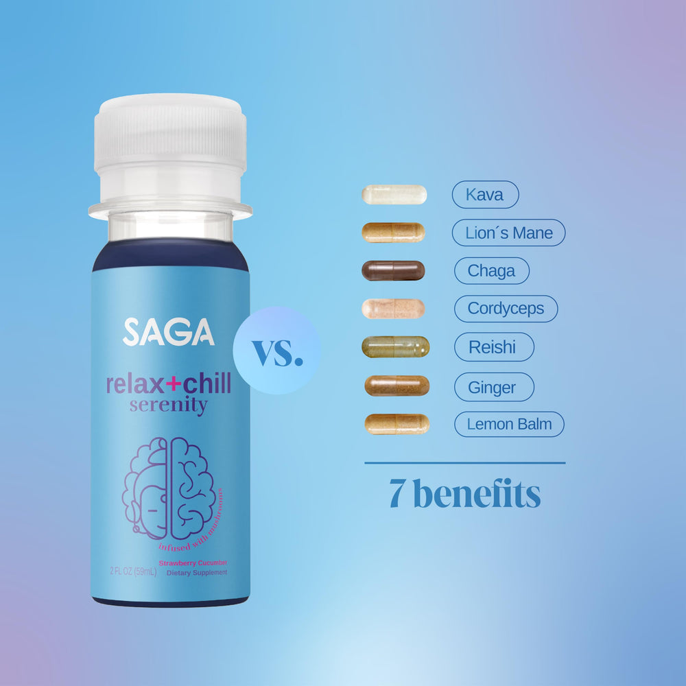 Mushroom blend visuals highlight reishi, chaga, cordyceps for balanced mood