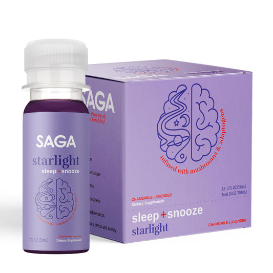 Saga Starlight bottle front showing a fast-acting sleep shot for nightly calm.