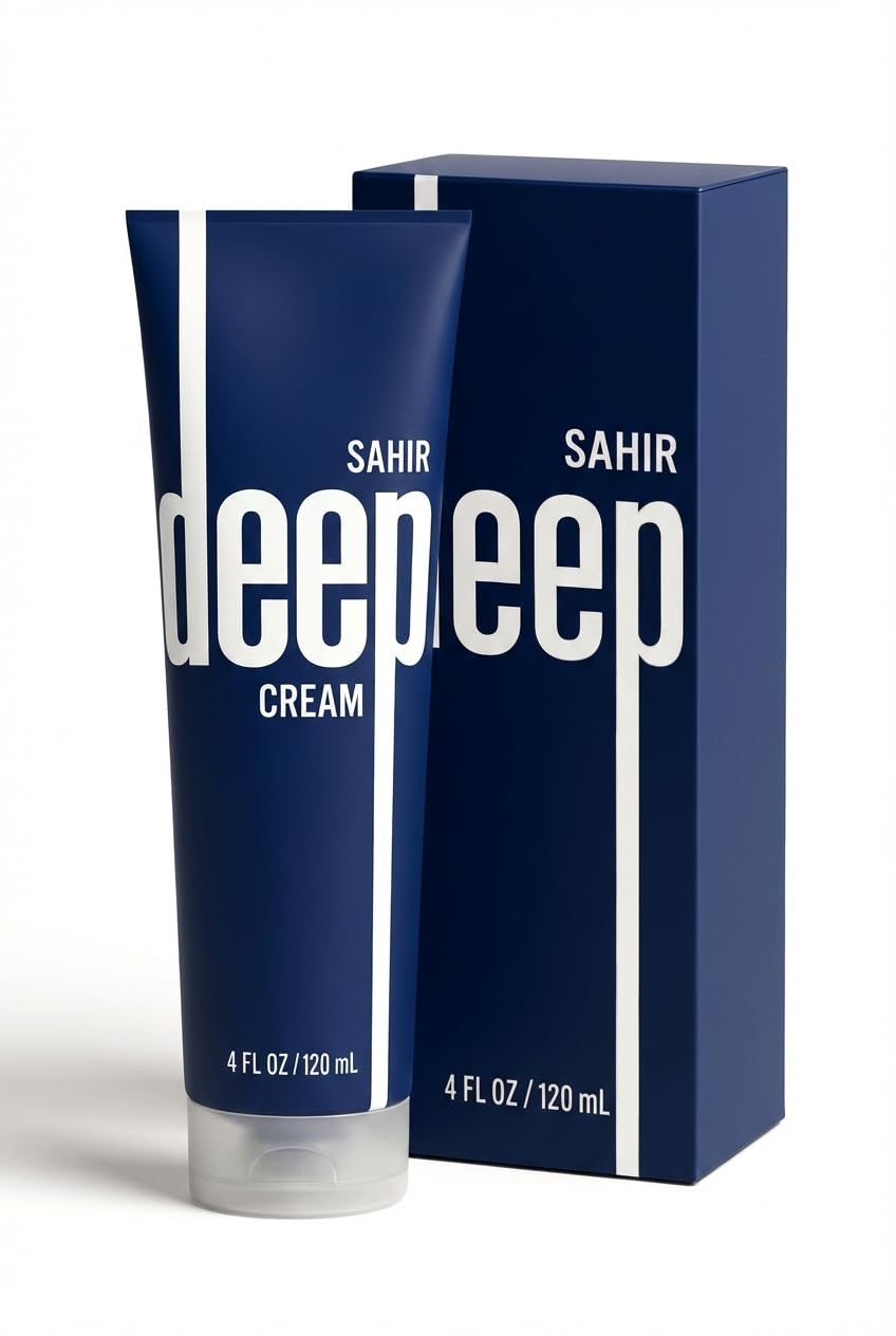 SAHIR Deep Blue Cooling Muscle Cream tube demonstrates fast-absorbing relief for tired muscles.