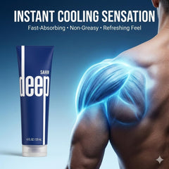 SAHIR Deep Blue menthol-camphor formula closeup for refreshing cooling sensation after activity.