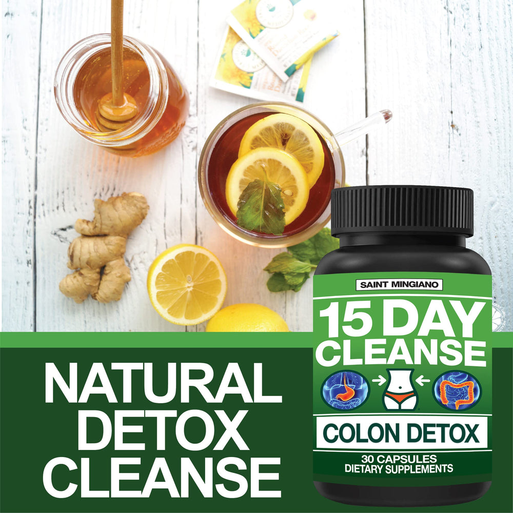 Saint Mingiano 15 Day Cleanse pills close-up showing capsules for routine support.