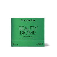 SAKARA Beauty Biome bottle front showing easy two-capsule daily routine for balance.
