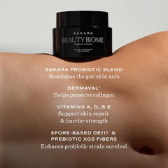 SAKARA Beauty Biome ingredients overlay communicates clean, plant-based wellness for inside-out glow.