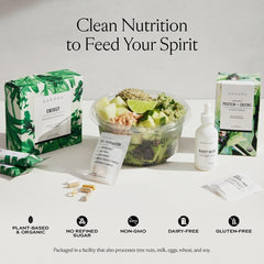 SAKARA Protein + Greens label badge indicates gluten-free and non-GMO.
